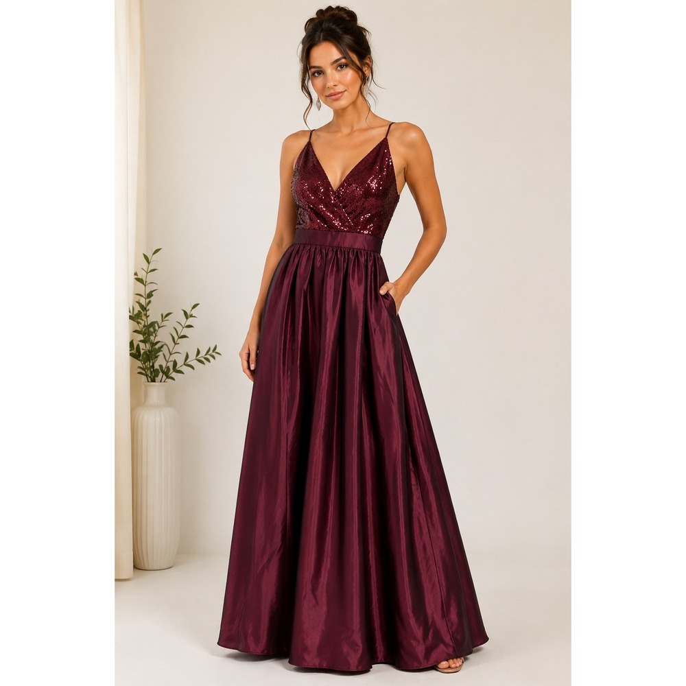Burgundy‎ Sequin Bodice Maxi Ball 12 Gown Formal Dress Wine Red Sleeveless